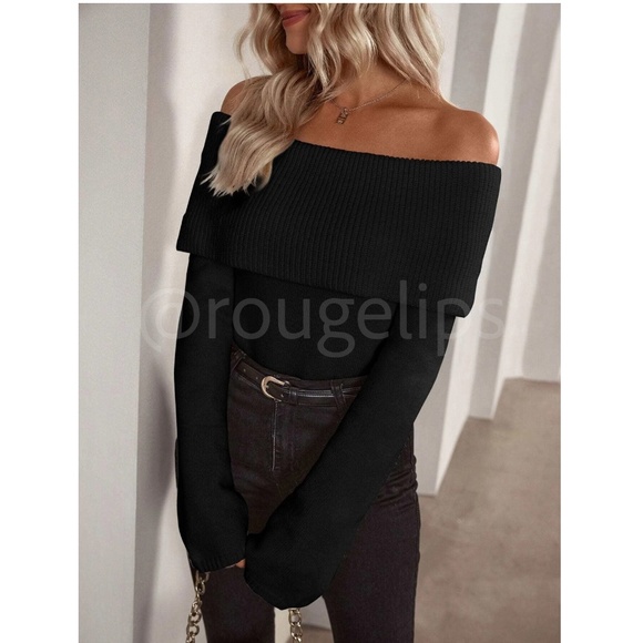 Black Off Shoulder Fold Over Sweater Pullover Knit Long Sleeve - Picture 6 of 7